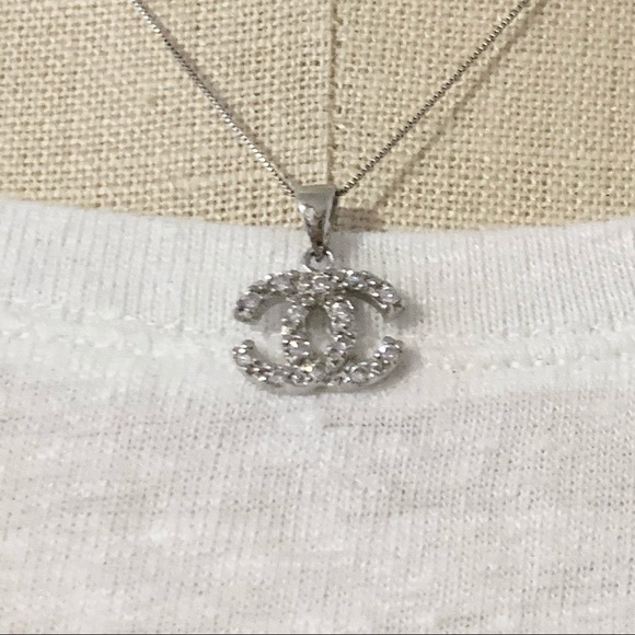 Sterling Silver Cubic Zirconia CC Logo Pendant - Picture 3 of 6